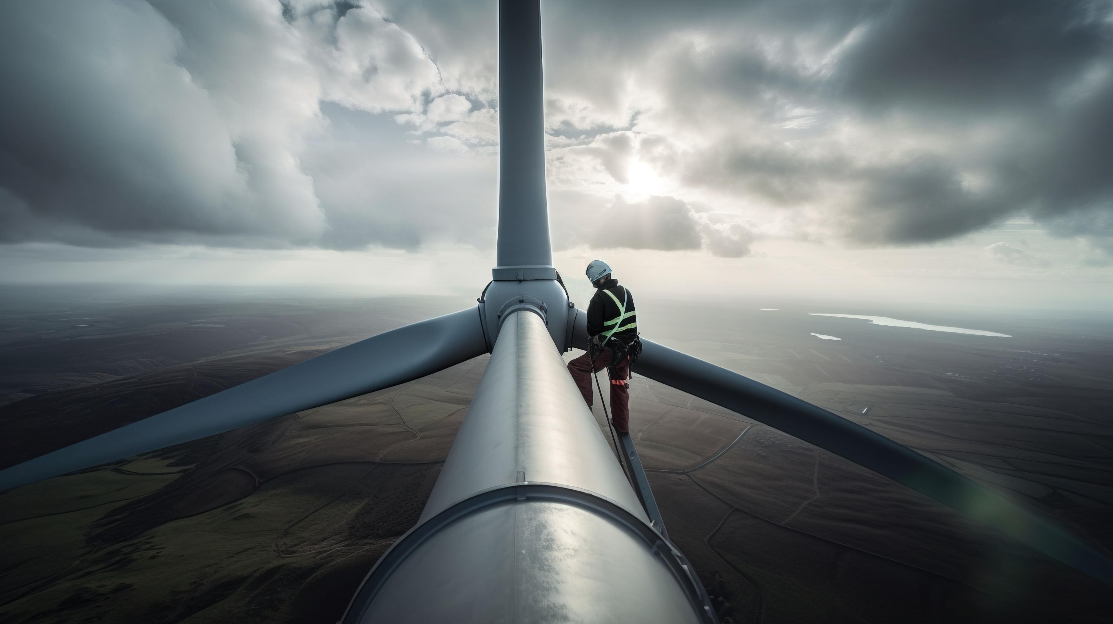 A worker standing at the top of a wind turbine