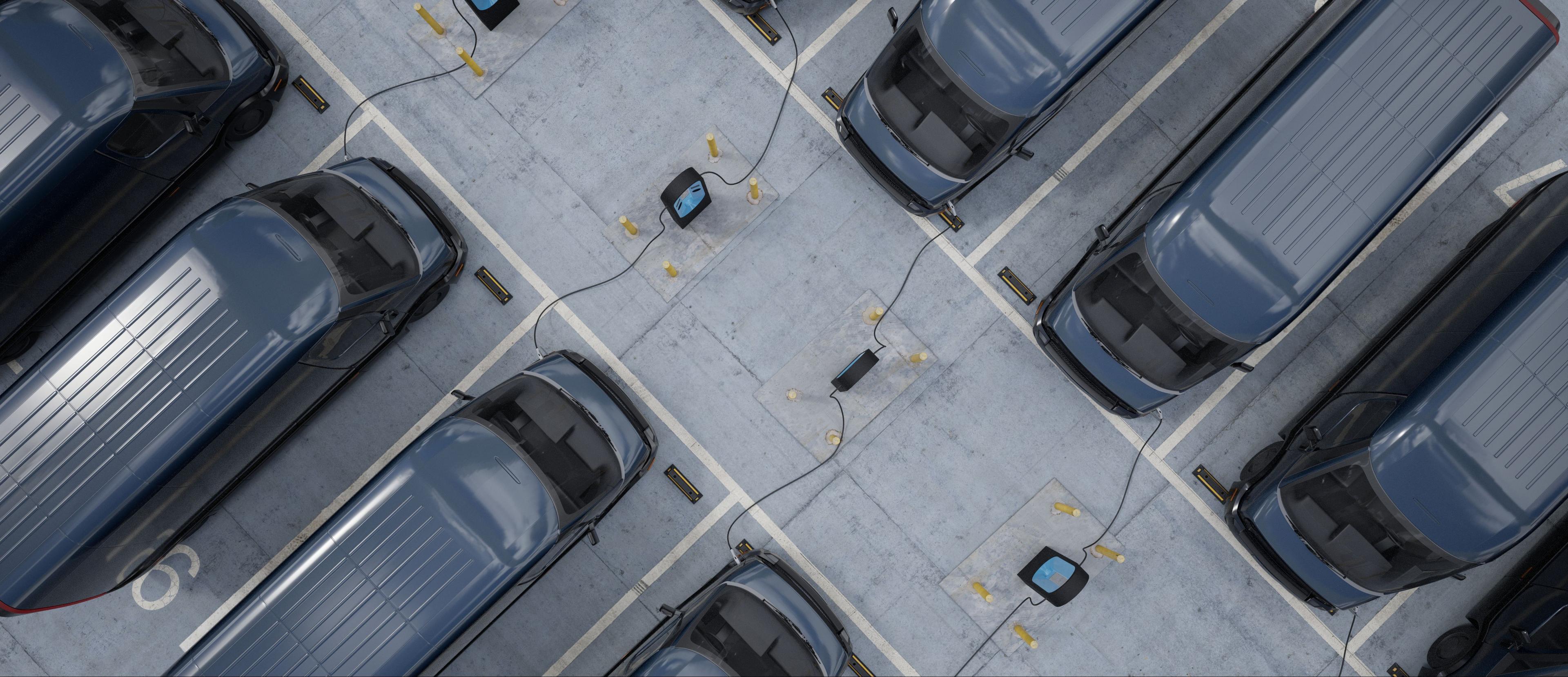 Aerial view of parked vans