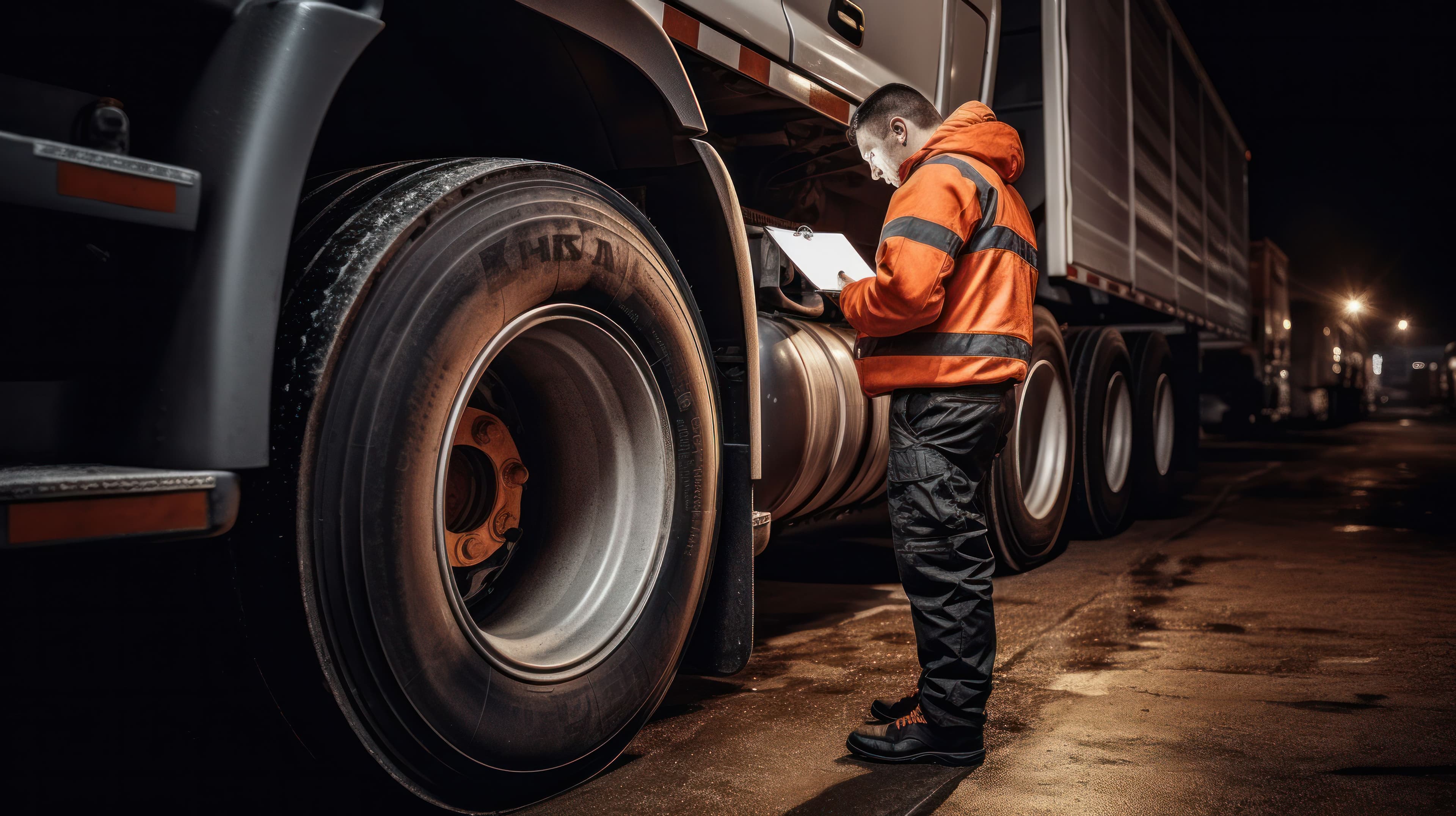 HGV inspection being conducted by someone wearing a orange hi vis jacket