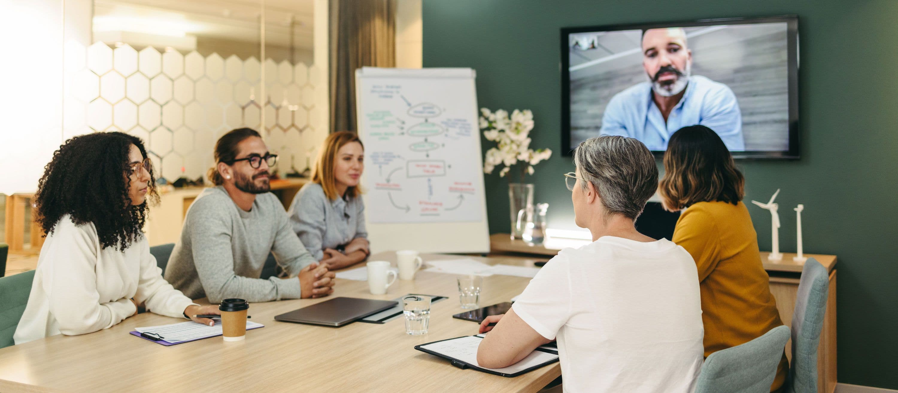 A business meeting with people attending in person and on a video call