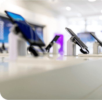 Mobile devices pictured in a showroom