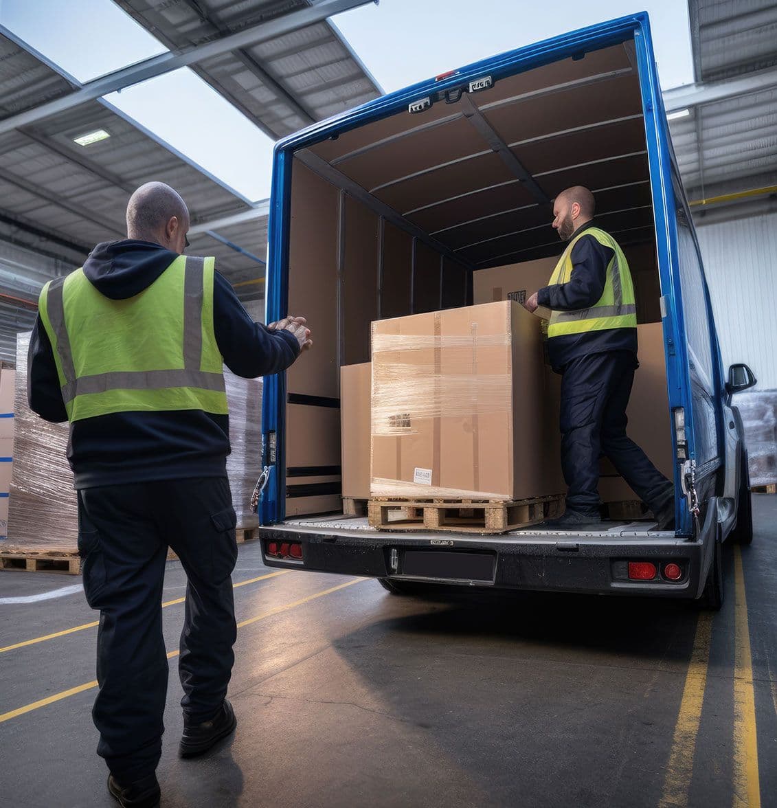 Two people unloading a blue van